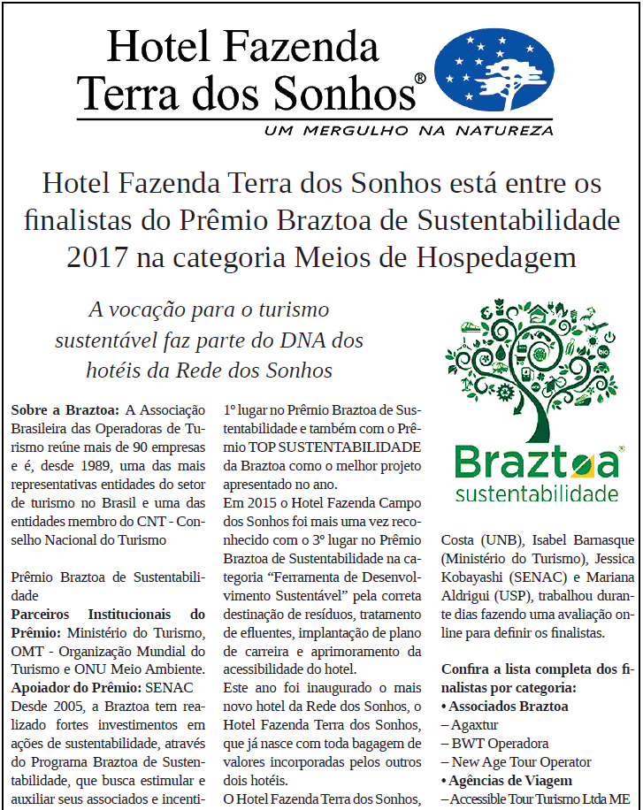 Hotel Fazenda Terra dos Sonhos está entre os finalistas do Prêmio Braztoa de Sustentabilidade 2017 na categoria Meios de Hospedagem